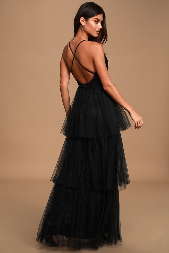 Black Tulle Maxi Dress - Backless Maxi ...